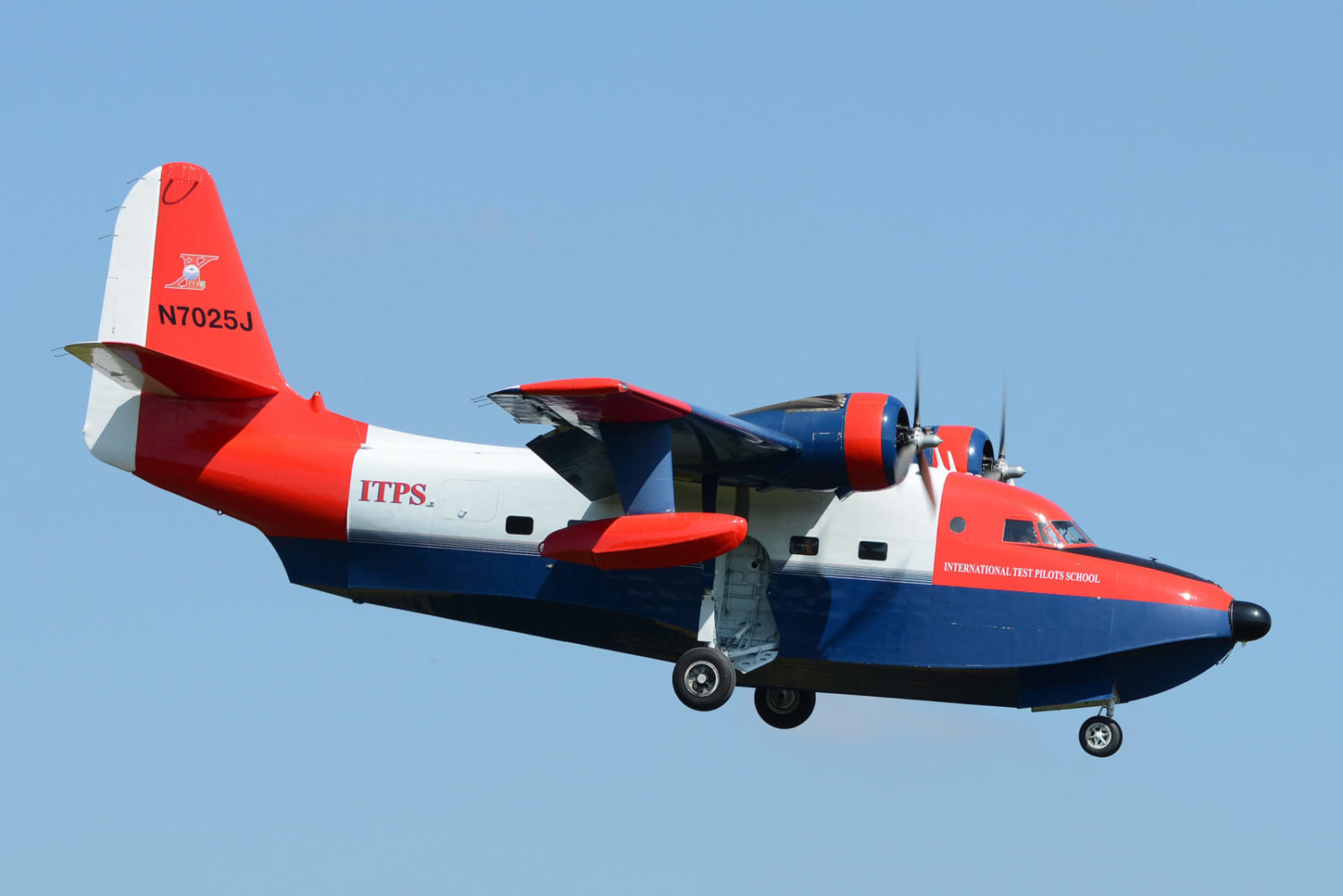 Red and blue Grumman HU-16 Albatross Aircraft.