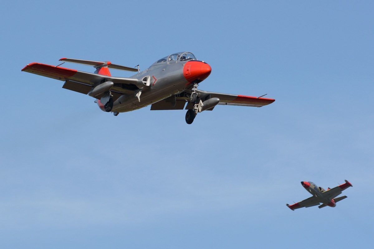 Two grey and red L-29 aircraft in the sky.