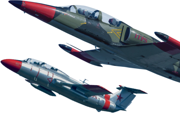 Two Aero-Vodochody aircraft, a grey and red L29 and a green L39