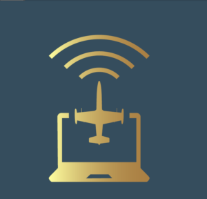 illustration of jet flying from laptop screen emitting waves