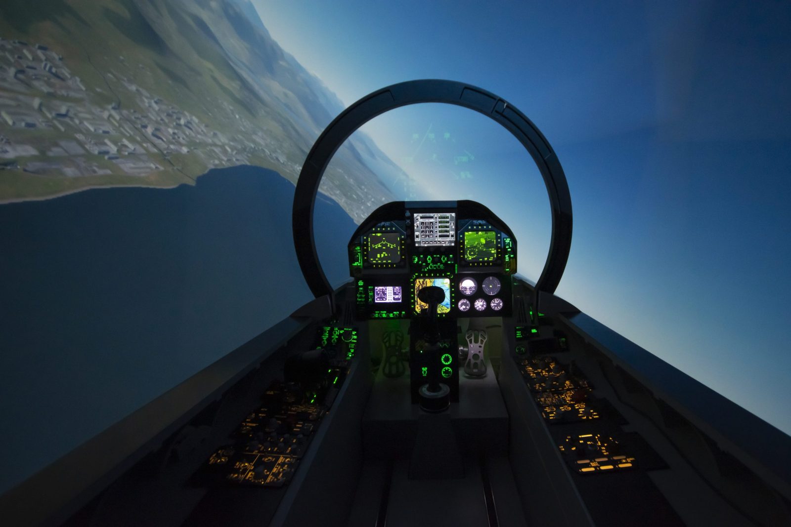 F-18 fighter jet aircraft simulator cockpit flying
