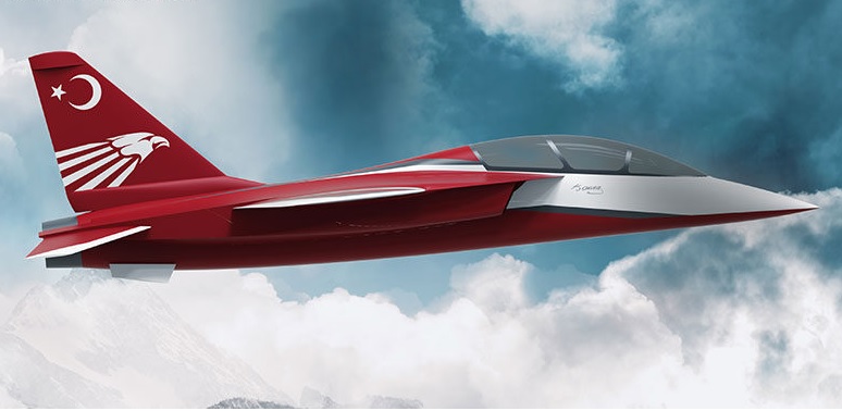 Red and white Hurjet built by Turkish Aerospace Industries.