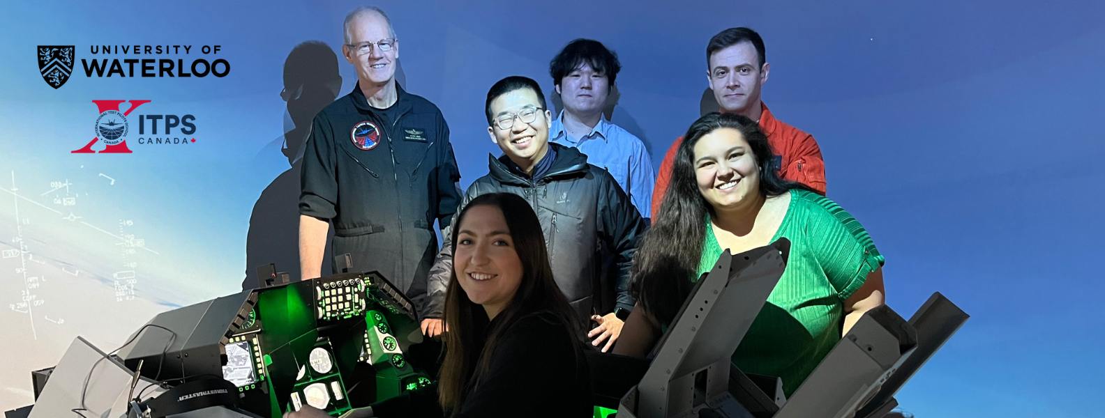 University of Waterloo students with Steve Bigg and Panos Vitsas in Advanced Aircraft Simulation Centre