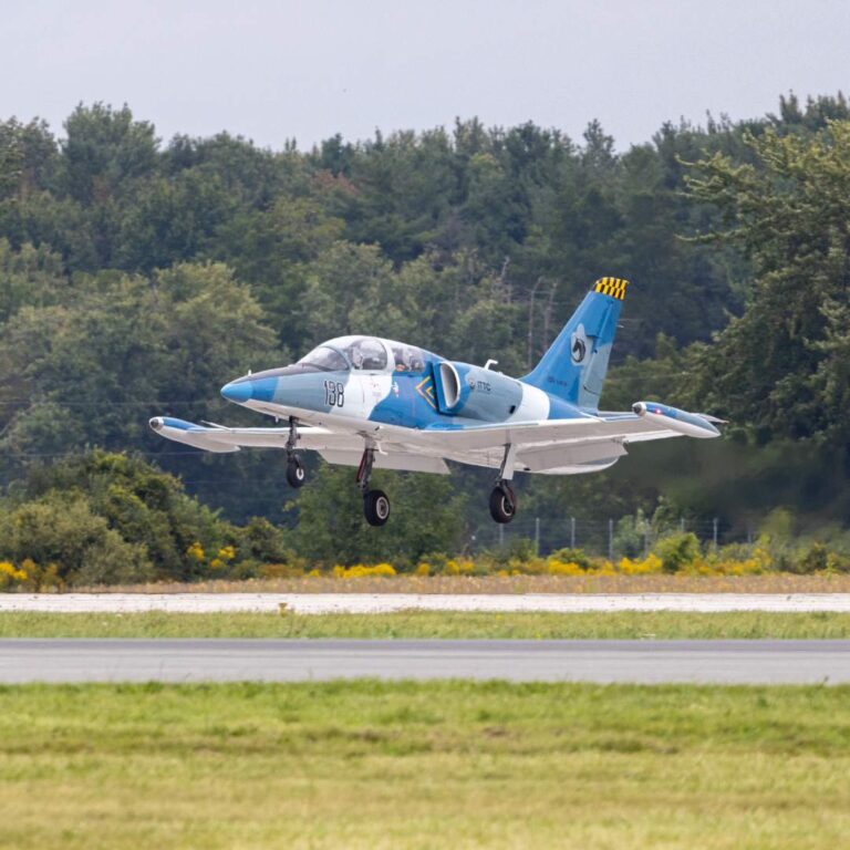 blue L39 jet trainer taking off