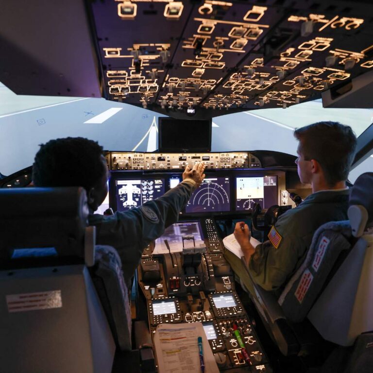 two pilots in Boeing 787 cockpit simulator