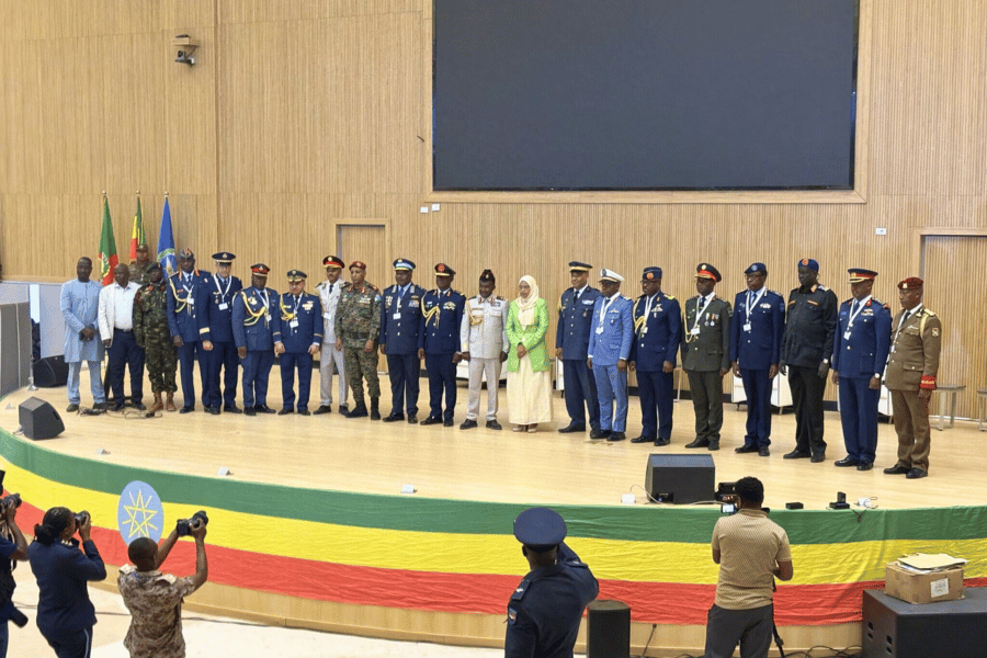 Line of individuals at Black Lion Ethiopia Air Show on stage