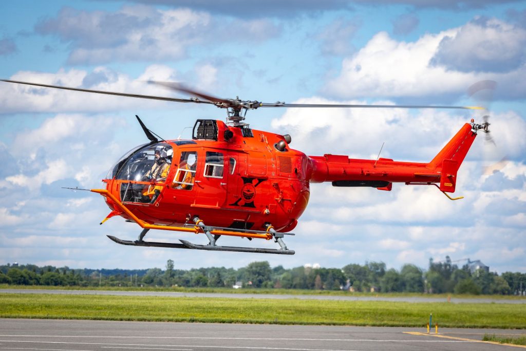 MBB Bo105 with flight test equipment above ground