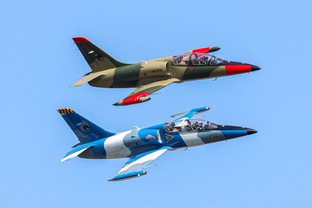 Two L39 jet trainers flying in formation